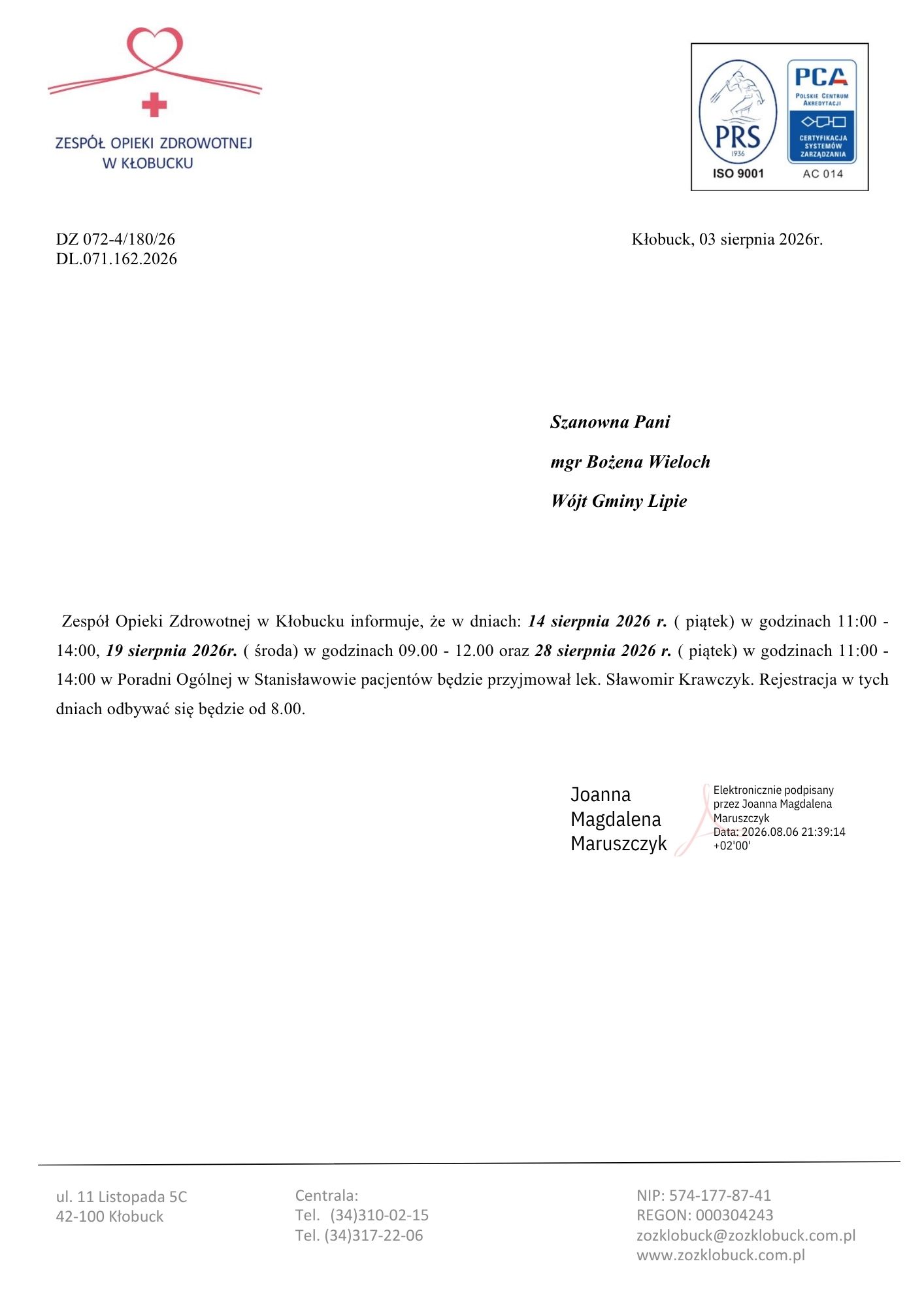 „Pismo Zespołu Opieki Zdrowotnej w Kłobucku z 3 sierpnia 2026 r. skierowane do Wójt Gminy Lipie z informacją o terminach przyjęć lek. Sławomira Krawczyka w Poradni Ogólnej w Stanisławowie: