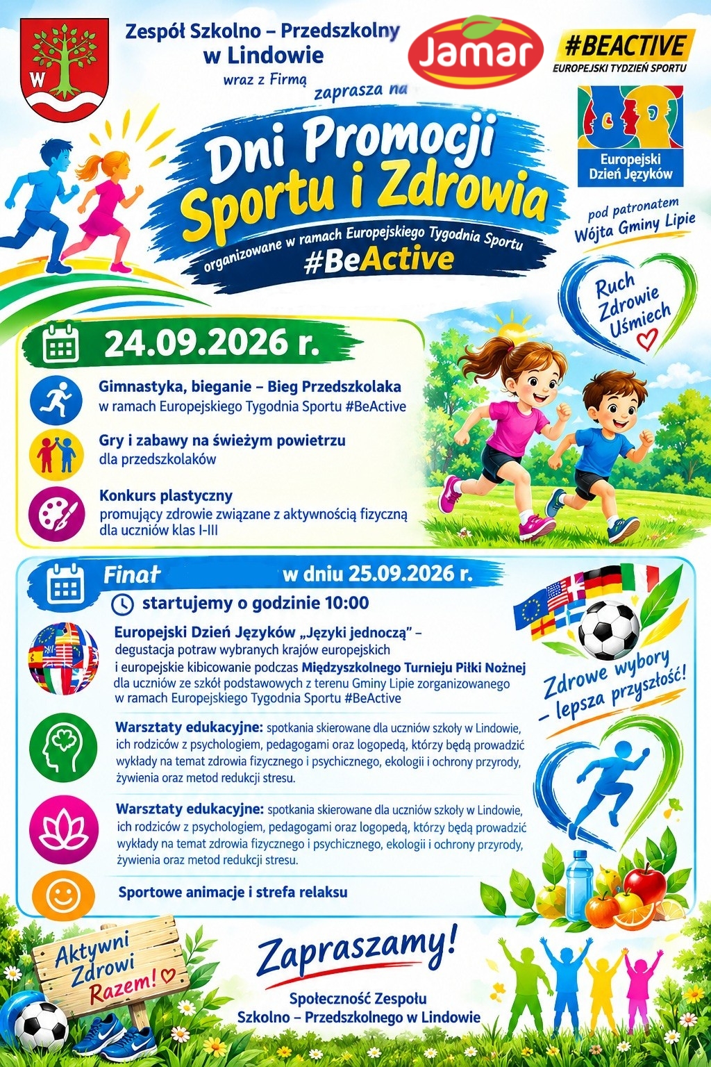 Plakat zaprasza na Dni Promocji Sportu i Zdrowia w Lindowie (24–25.09.2026). W programie m.in. sport, zabawy, warsztaty, konkurs oraz Europejski Dzień Języków.