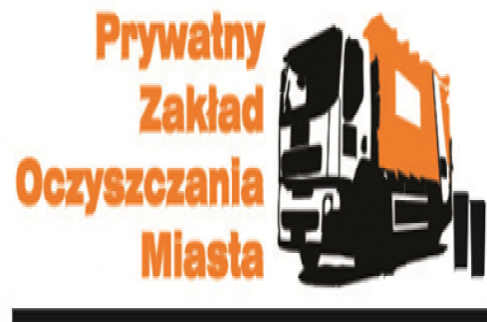 „Logo firmy PZOM – Prywatny Zakład Oczyszczania Miasta. Napis w kolorze pomarańczowym oraz grafika śmieciarki w kolorach czarnym i pomarańczowym.”
