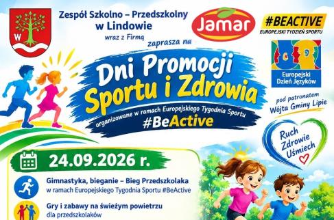 Plakat zaprasza na Dni Promocji Sportu i Zdrowia w Lindowie (24–25.09.2026). W programie m.in. sport, zabawy, warsztaty, konkurs oraz Europejski Dzień Języków