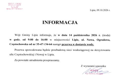 Informacja o przerwie w dostawie wody